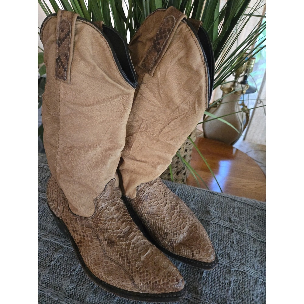 Vintage Snakeskin Western Cowboy Boots Brown Leather Pointed Toe Womens 8 1/2